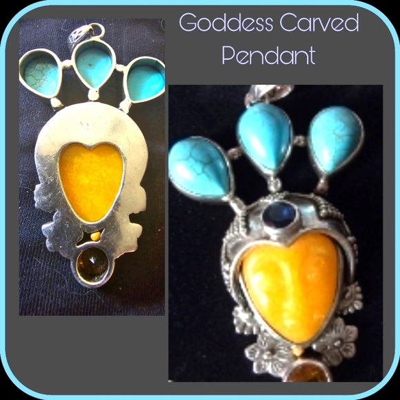 Source Unknown Jewelry - Moon Goddess Turquoise, Yellow & Blue stone Pendant-EUC-Rare Find
